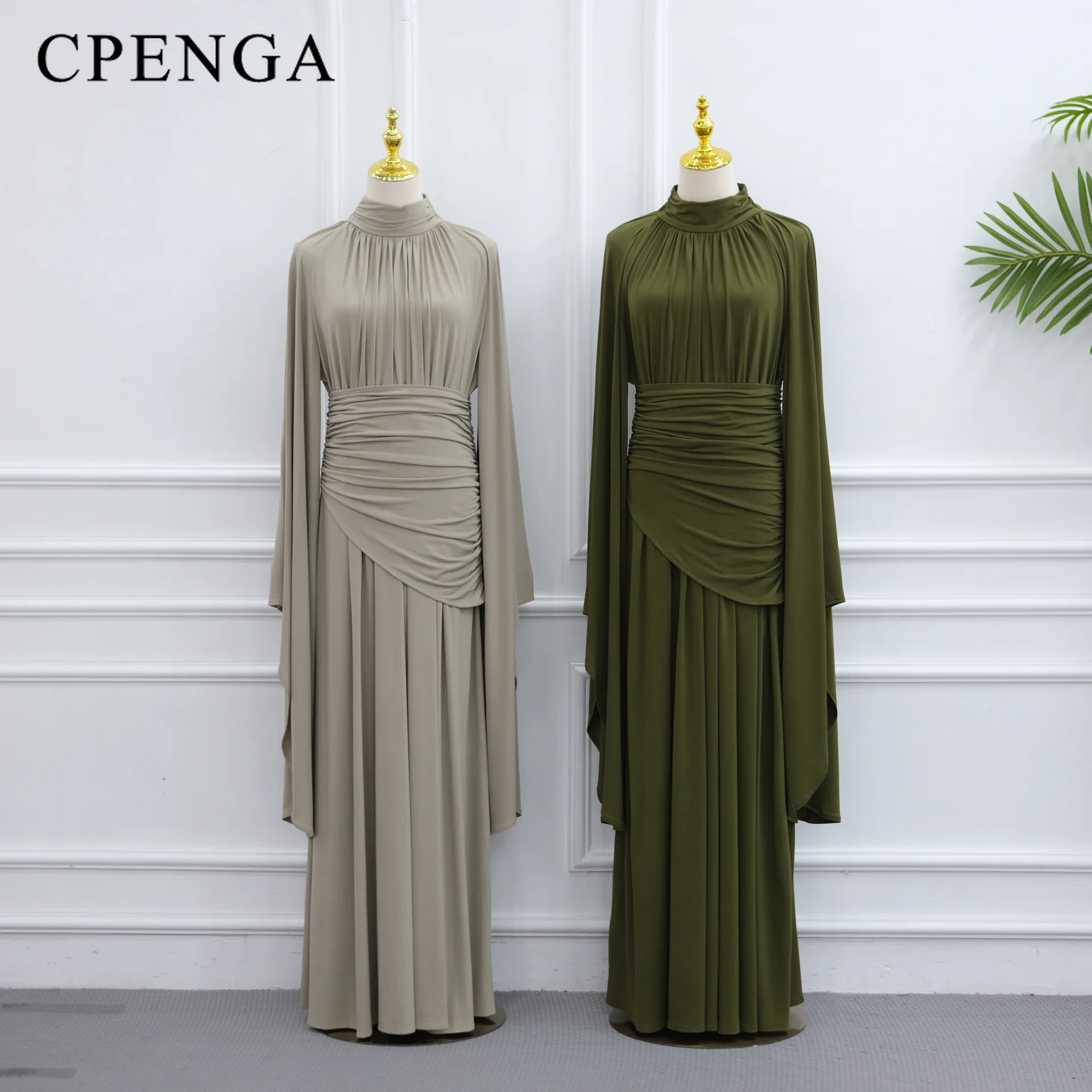 Dubai Luxury Abaya 2026 Batwing Sleeve Draped Ruched Waist Pleated Neck Premium Jersey Flowy Elegant Evening Formal Party Kaftan