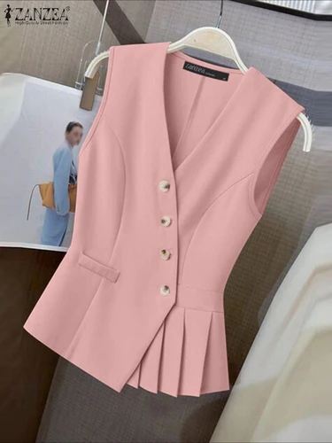 Imagen 1 del producto ZANZEA-Chalecos delanteros diagonales con estilo para mujer, chalecos ligeros informales con cuello en V, sin mangas, dobladillo plisado, ropa de oficina, Tops para ir al trabajo