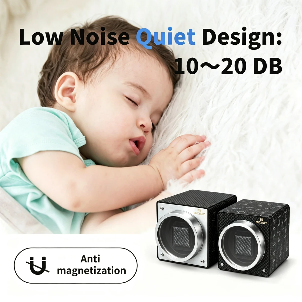 Mozsly Premium Single Watch Winder, 20 Db Silent Japanese Motor, Pu/carbon, 12 Tpd Stackable, for Display Case, Fits Rolex Omega