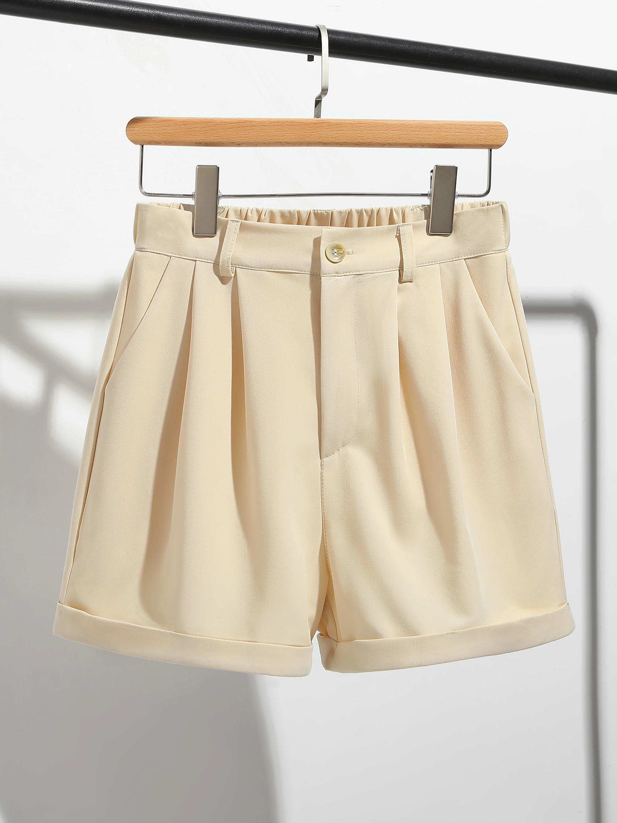 Elegant Casual Solid Color Women's Suit Shorts, Button Zipper Elastic Waist Loose Shorts