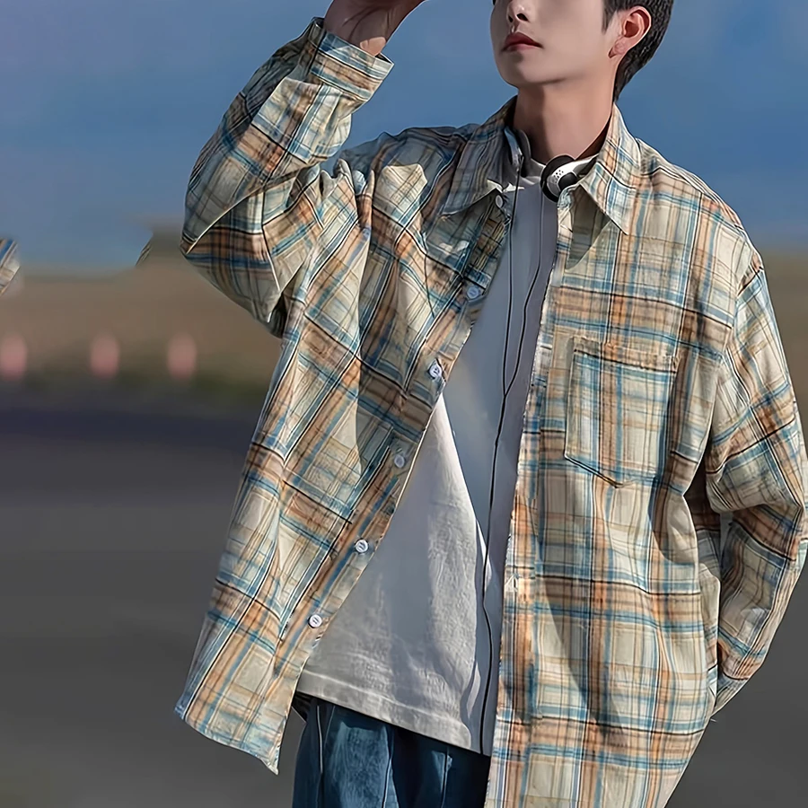 

Американские мужские весенне-осенние клетчатые рубашки, красивые и элитные рубашки с длинными рукавами, модные и универсальные свободные топы