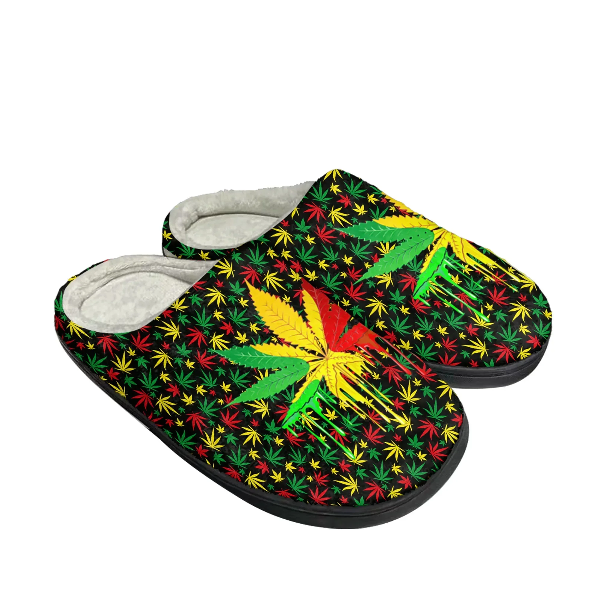 Leaf Weed Rasta Marijuana Red Yellow Green Art Home Cotton Slippers Mens Womens Plush Bedroom Keep Warm Shoe Customized DIY Shoe