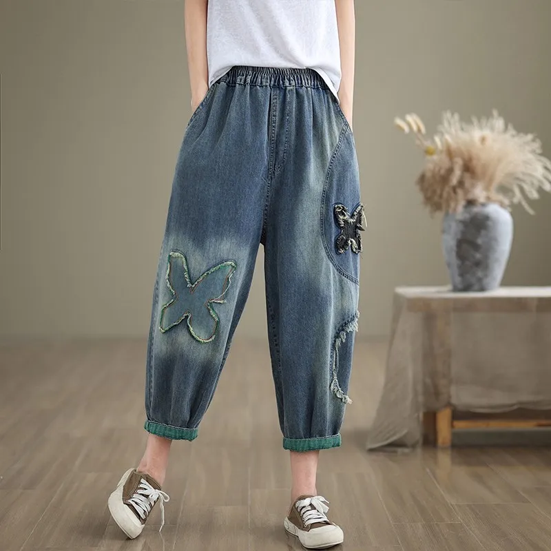 Spring New Korea Fashion Patch Designs Embroidery Loose Women Jeans All-matched Casual Elastic Waist Cotton Denim Harem Pants