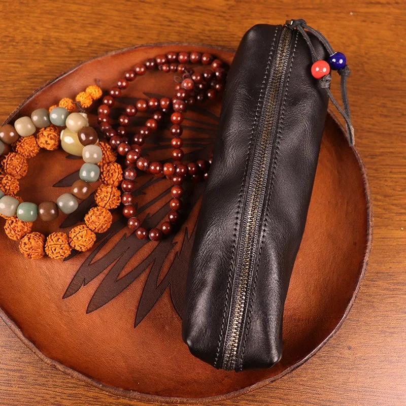 حالة قلم رصاص الجلد الطبقة العليا الجديدة مع كيس تخزين سعة كبيرة ، كيس نظارات الجلد الأصلي ، حالة قلم رصاص السحاب الرجعي #4