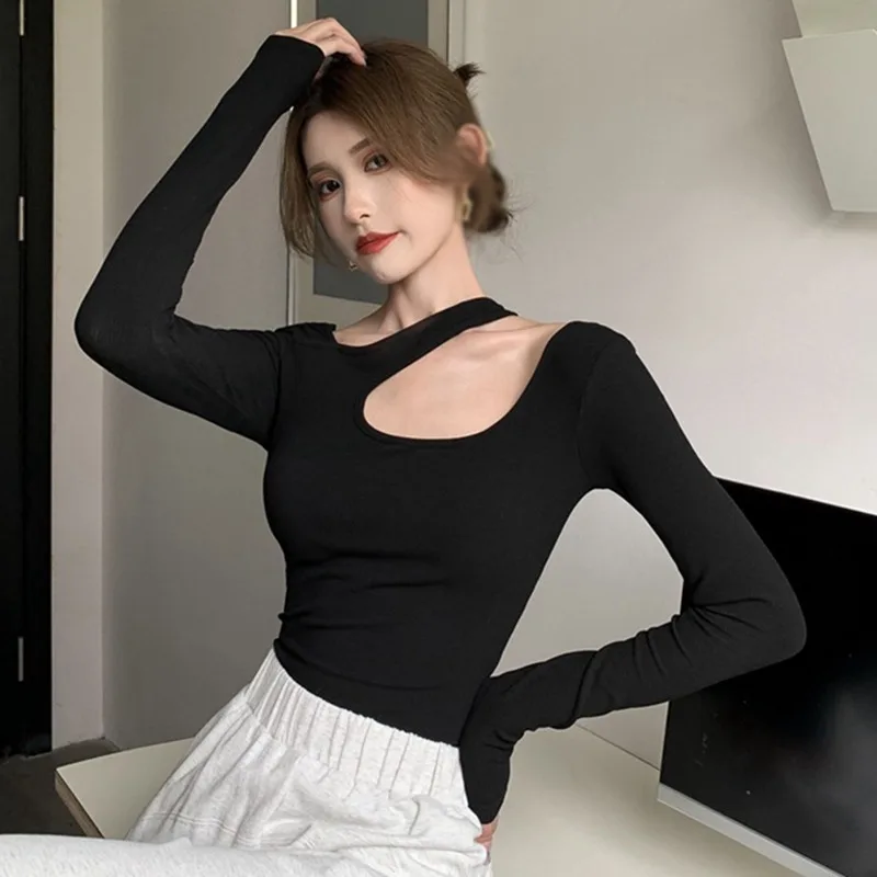 Y2K T-shirt Woman Autumn Sexy Skinny Tee Shirt Female Long Sleeve Halter Clothes Hollow Out Bottoming Shirt Slim Thin Tops