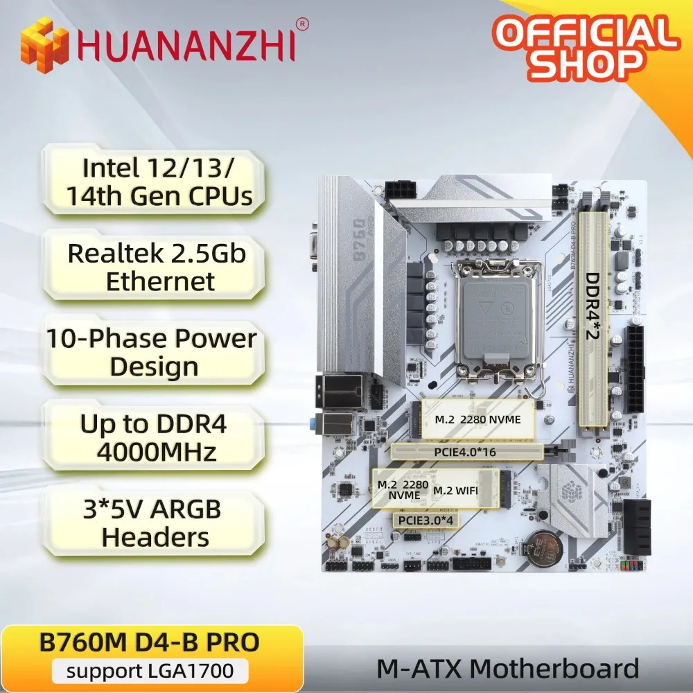 Placa base HUANANZHI B760M D4 M-ATX DDR4 compatible con 12 13 Gen B760 Intel LGA 1700 CPU 12100F 12400F 12490F 12700F 13600F 5V ARGB
