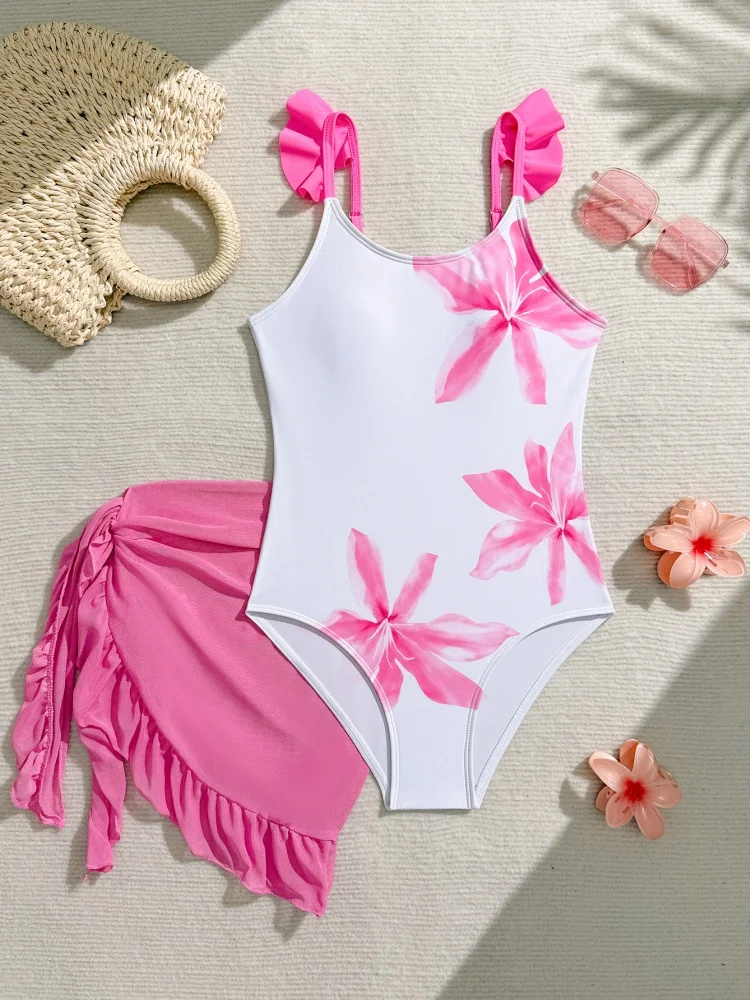 

One Piece Girls Kids Swimsuit 2026 New Pink Flowers Ruffle Sling Children Swimwear Summer Mesh Beachwear Cover Up Bathing Suits