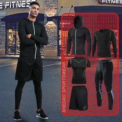 Mens Compression Sportswear Set Gym Running Sport Clothes Tight T-shirt Lycra Leggings Athletics Shorts Fitness Rash Guard Kits