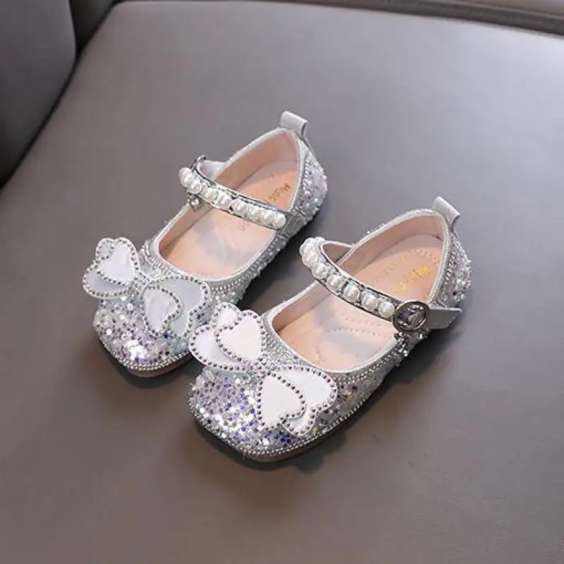 AINYFU Spring Girls Leather Shoes Children\'s Sequins Bow Princess Dance Shoes Kids Pearl Soft Party Single Shoes J45