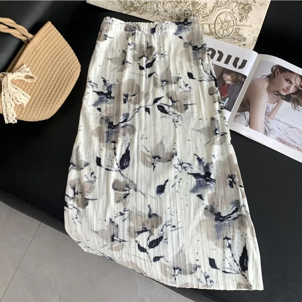 

Pleated Printed Elastic Waist Stretch Commuter Elegant Half Skirt Women's Fashion Casual Comfortable Versatile Temperament Skirt