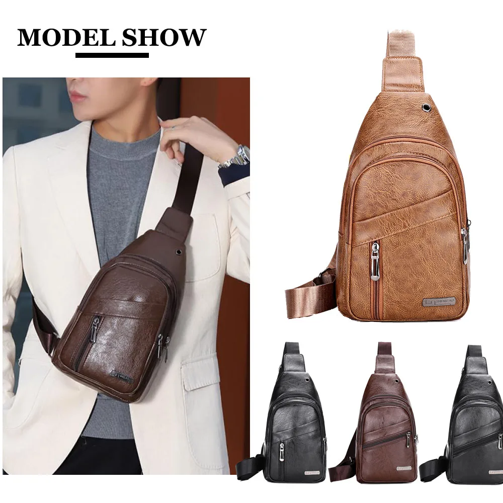 

Soft Leather Men's Crossbody Bag Fashion Leisure Zipper Closure Chest Bag Versatile Lightweight Messenger Bag For Sports Travel