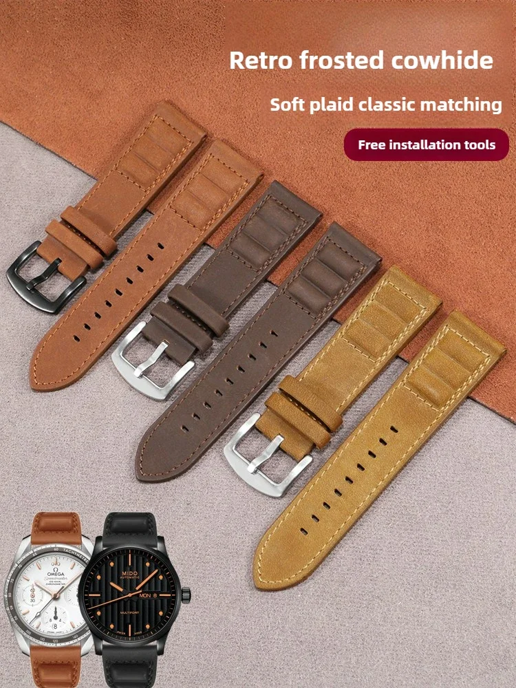 

Frosted Leather Watch Strap, Suitable for Universal Flat Interface, Retro Cowhide Bracelet Accessories, Men's Brown 24mm.