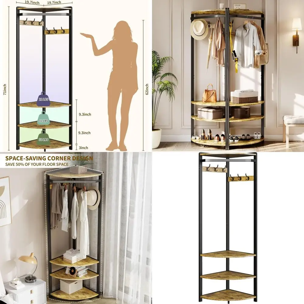 

Угловой вешалка-стойка для прихожей с местом для обуви, 6 крючками и полкой, многофункциональный органайзер для прихожей в деревенском стиле, коричневый