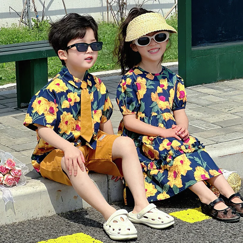 

Brother Sister Holiday Matching Outfit Vacation Child Girls Floral Dress Kid Boys Beach Shirts Sibling Look Baby Twins Clothes
