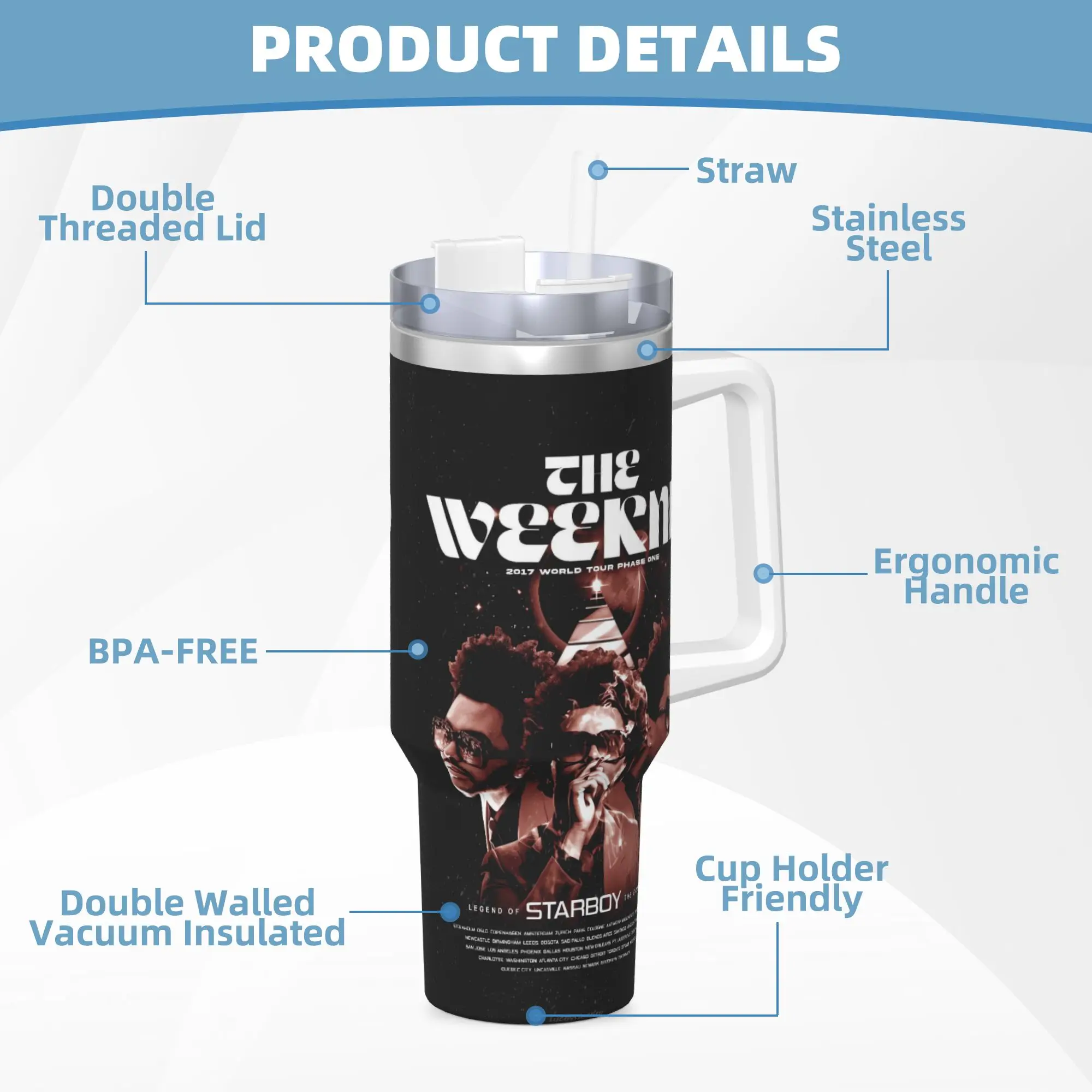 ألبوم The Weeknd XO، زجاجة مياه للمشروبات الساخنة، تحافظ على الحرارة، أكواب حرارية من الفولاذ المقاوم للصدأ، أكواب سيارة للتخييم مطبوعة