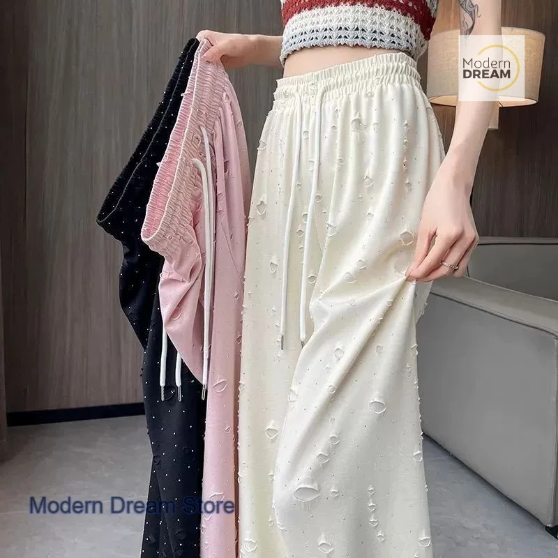 French style fashion design high waist drawstring hole wide-leg pants women's summer new casual style loose straight pants