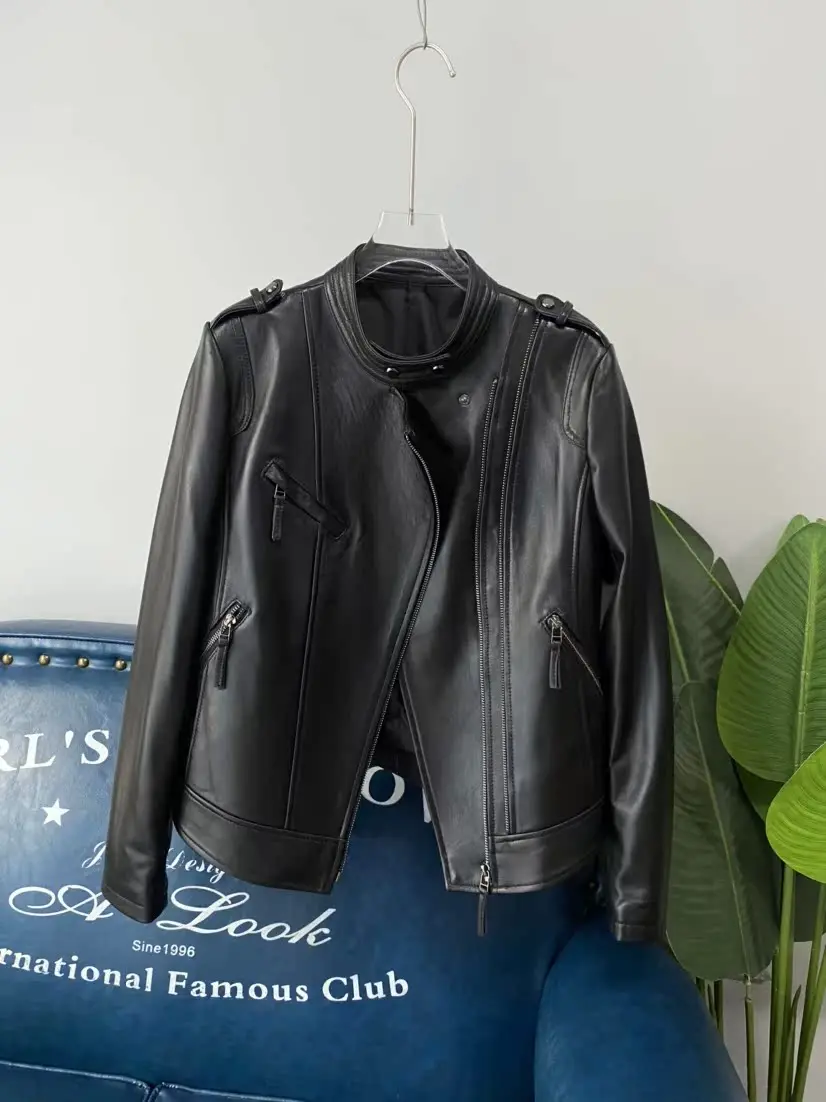   เสื้อแจ็คเก็ตหนังแท้ทรงสลิมฟิต คอตั้ง สไตล์ไบค์เกอร์ สำหรับผู้หญิง รุ่น Ning 2023 Autumn ort  ทำจากหนังวัวแท้