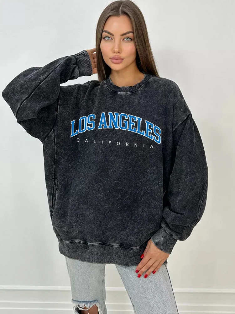 

Los Angeles California Print Women Distressed Washed Crewneck Sweatshirt Fashion Oversize Hoody Autumn Warm Comfortable Clothes