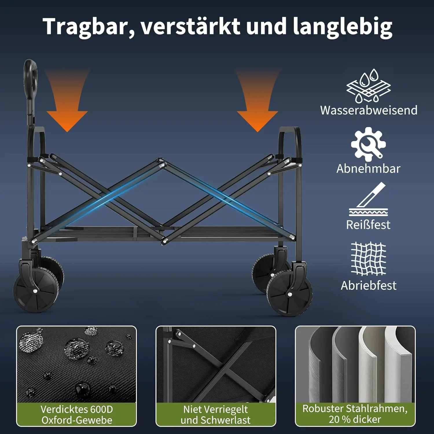 รถเข็นพับได้ขนาดใหญ่สำหรับสวน รถเข็นพกพาสำหรับตั้งแคมป์ รถเข็นอเนกประสงค์สำหรับกิจกรรมกลางแจ้ง ชายหาด ช้อปปิ้ง และใช้งานทั่วไป
