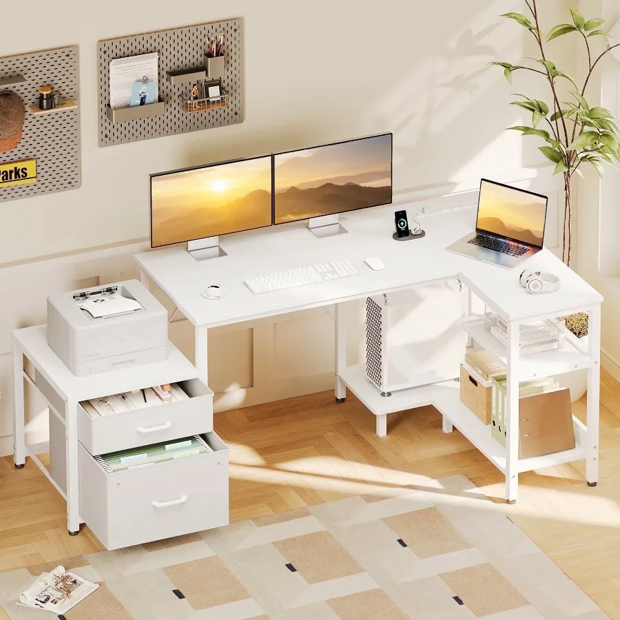 Casacomoda L Shaped Desk Power Outlets Large Computer Desk File Drawer Home Office Desk Printer Stand Storage Shelves Corner Des