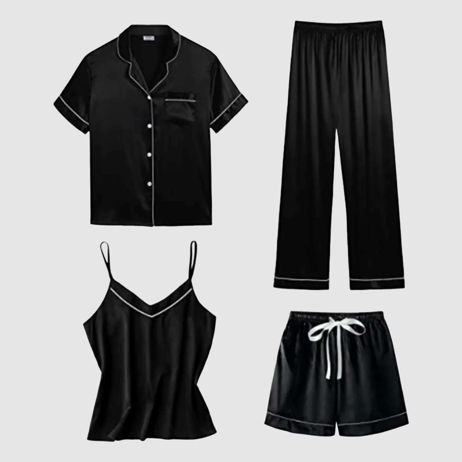 Sleepwear Women Long Sleeve Suspenders Long Pants Shorts Pajamas 4 Piece Set Silk Satin Quick Dry Night Dress Trouser Shirt