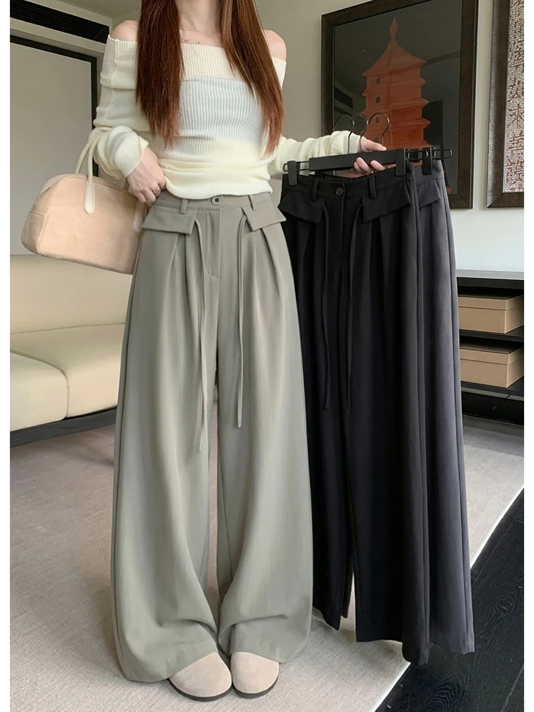 High Waist Wide Leg Suit Pants Women Loose Casual Drawstring Trousers Cover Hip Slimming Floor Length Casual Long Trousers