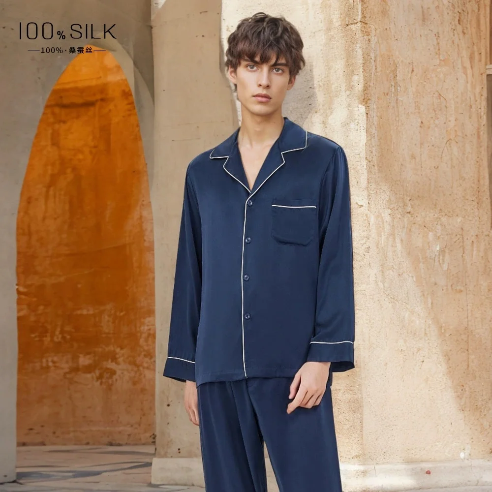 Nieuwe zomerstijl 19 Momme zwaargewicht zijden pyjama voor heren - 100% moerbeizijde met lange mouwen en lange broek Cool-feel loungewear