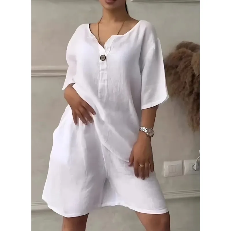 

2025 Summer New Cotton And Linen Solid Two Piece Set Women Fashion Causal Loose V-Neck Top Shorts Suit Pants Set White Pink