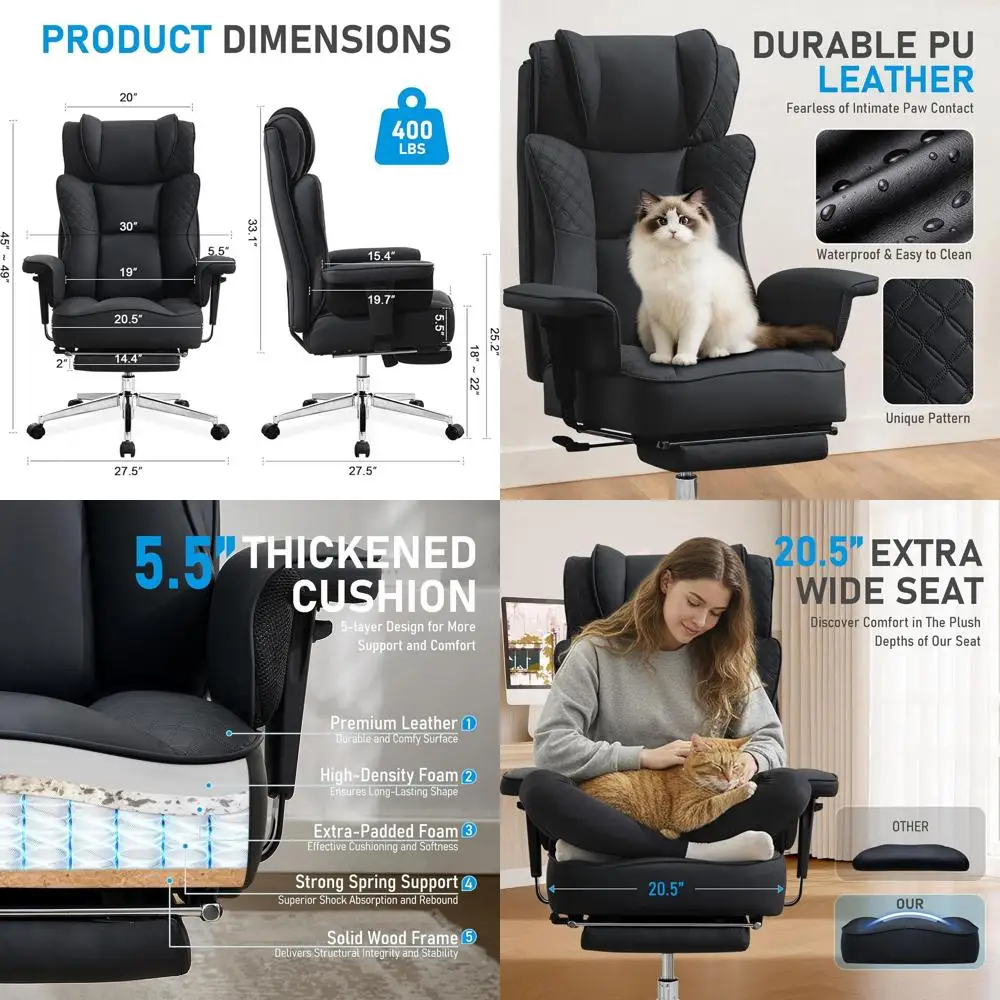 Ergonomic High-Back Leather Reclining Office Chair with Footrest, Lumbar Support, Wide Seat for 400lbs (Black)