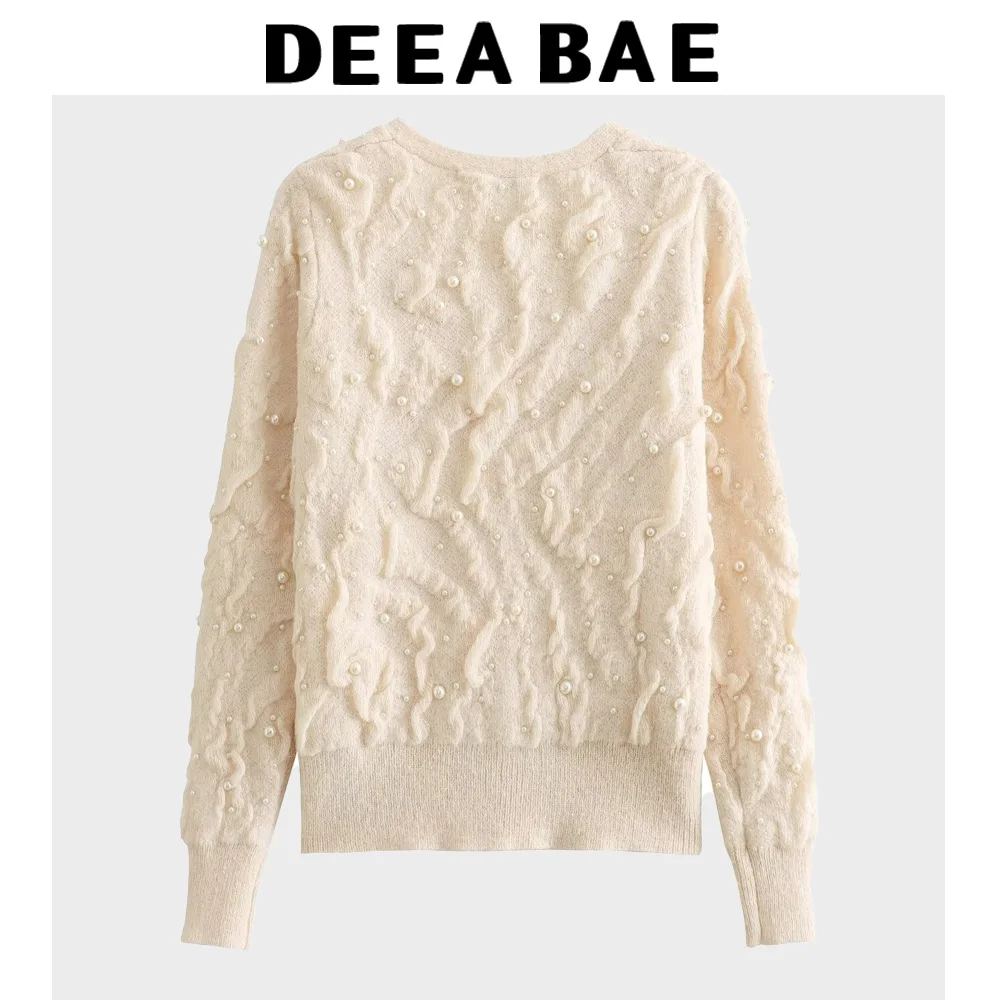 DEEABAE New Arrival Gentle Style Heavy Pearl Decoration V-neck Knitted Cardigan Textured Long-sleeved Knitted Sweater