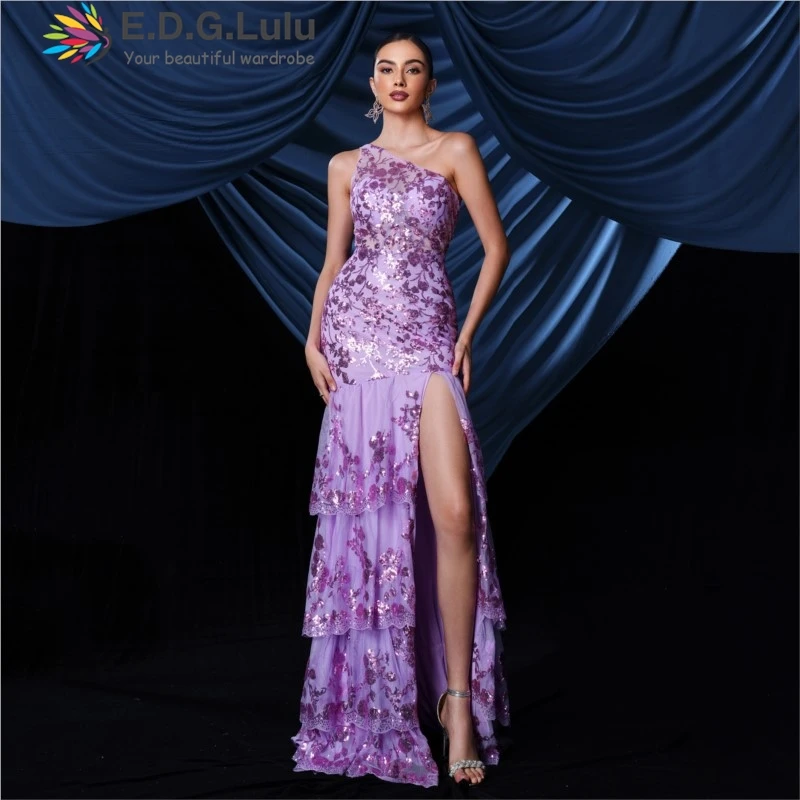 

EDGLuLu Purple Glitter Print Mesh Sequin Cascading Ruffle High Fork Elegant Evening Dress Woman One Shoulder Long Dress 0715