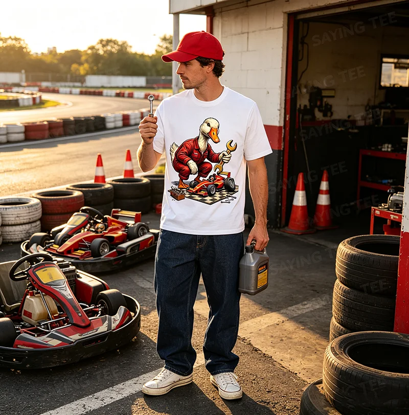 Silly Goose Race Car Pit Stop Grafik-T-Shirt Y2k Silly Goose Art Herrenbekleidung Ausgefallener Humor Racing Mechanic Neuheitsbekleidung – Detail 6
