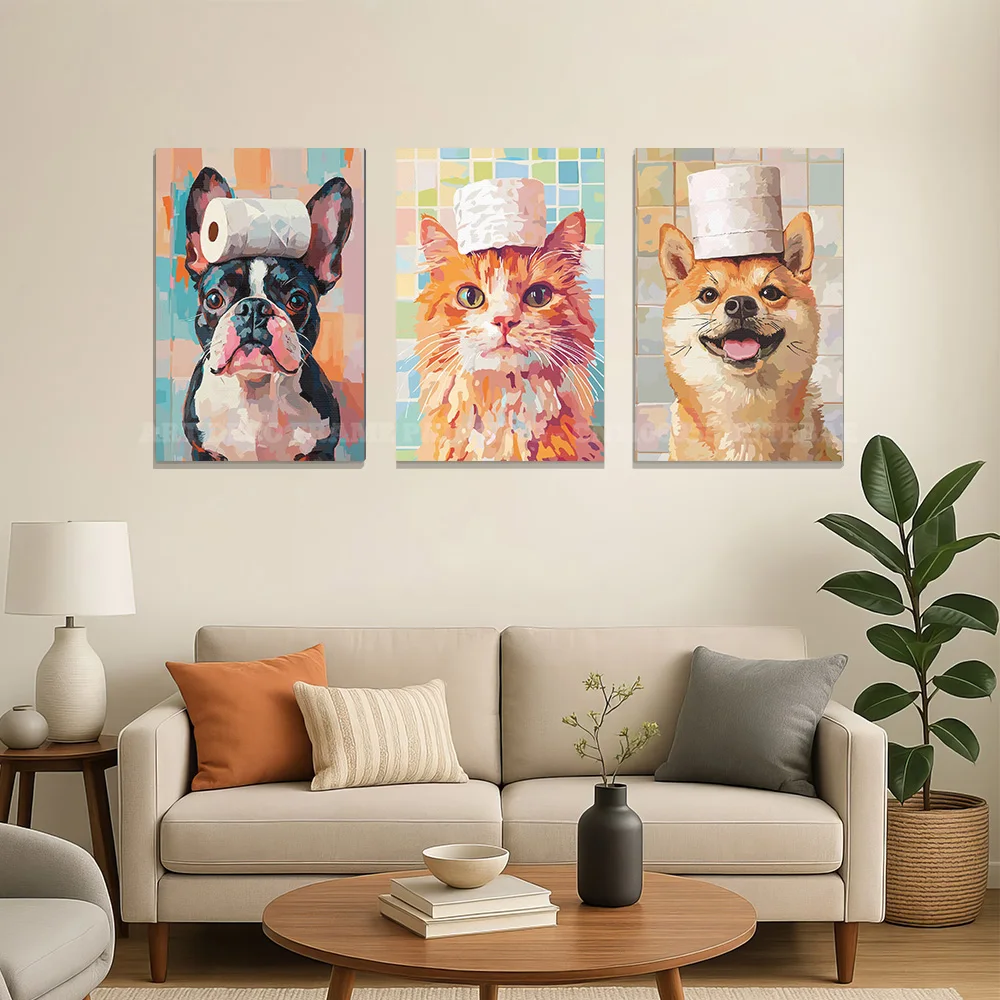 Funny Bathroom Animal Canvas Poster Cat Dog Fox Toilet Paper Roll On Head Wall Art Prints Humor Kids Restroom Home Decor