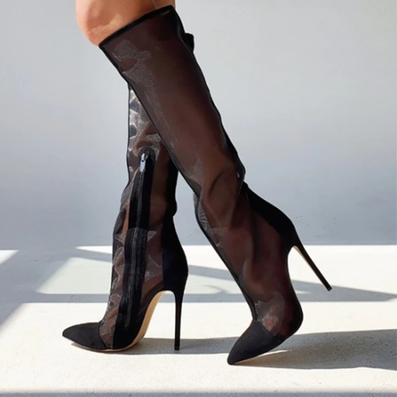 

Black Mesh Patchwork High Boots Stiletto Heels Suede Pointed Toe Zipped Dress Shoes Transparent Knee High Boots