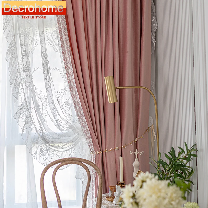 

French luxury lace stitching pink velvet cloth living room bedroom dining room curtains Curtains for Living dining room bedroom
