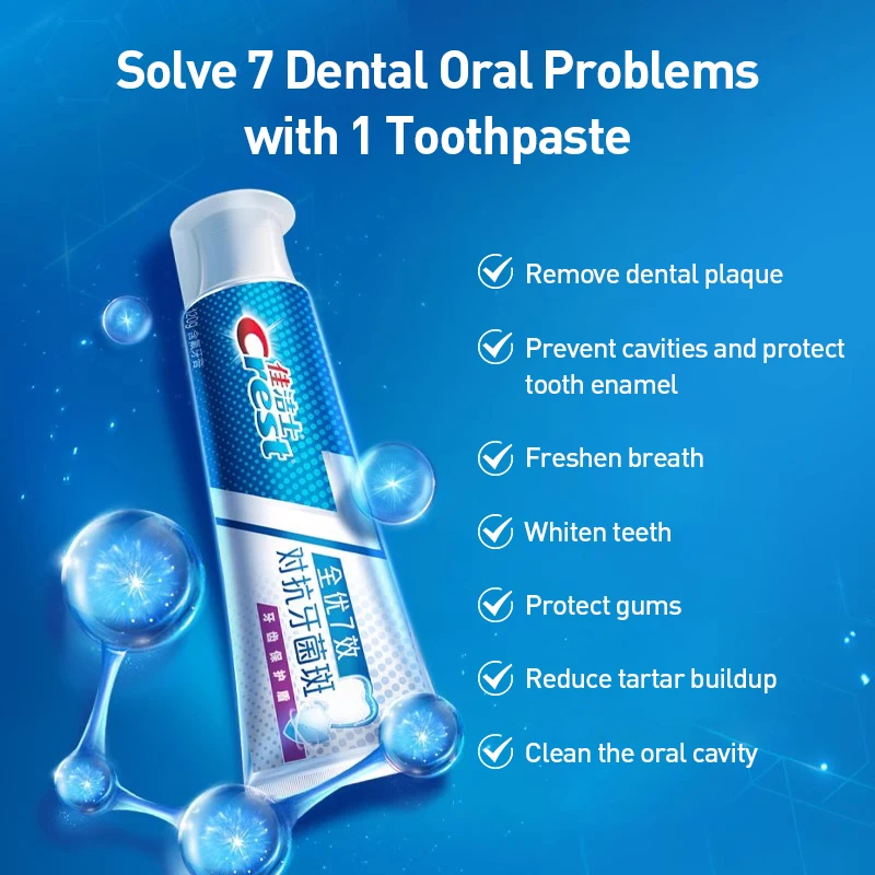 Crest 7-em-1 pasta de dente protetora de dente limpa placa dentária evita caries refresca o hálito fortalece a pasta de dente de saúde das gengivas 40g
