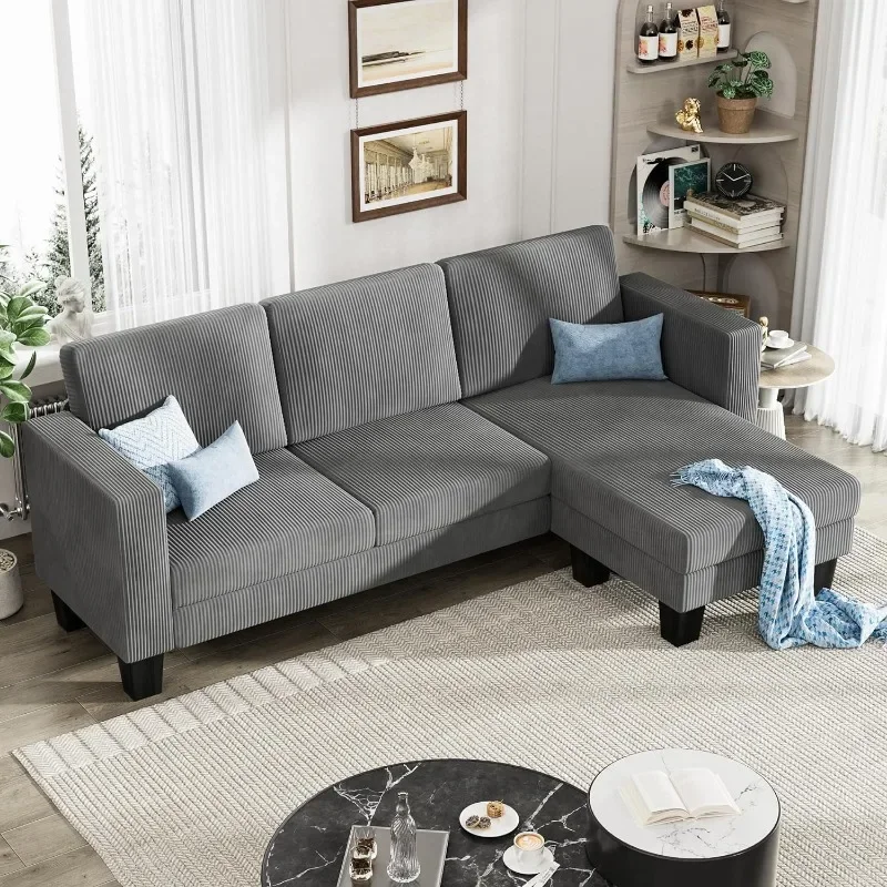 ZHENXIANG L-Shaped Convertible Sectional Sofa 3 Seater with Corduroy Fabric, Complete with Mobile Footrest, for Living Room