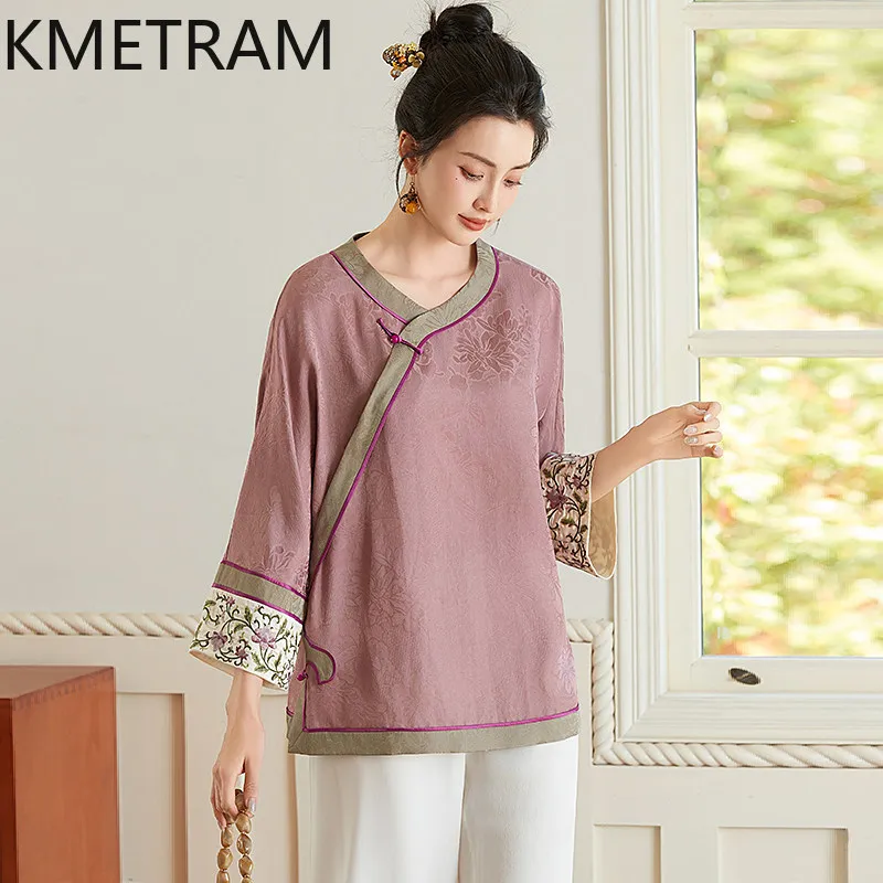 

KMETRAM 100% Mulberry Silk Xiangyunsha Blouse Women 2026 Summer Elegant Loose Jacquard Three Quarter Sleeve Shirt Blusa Feminina