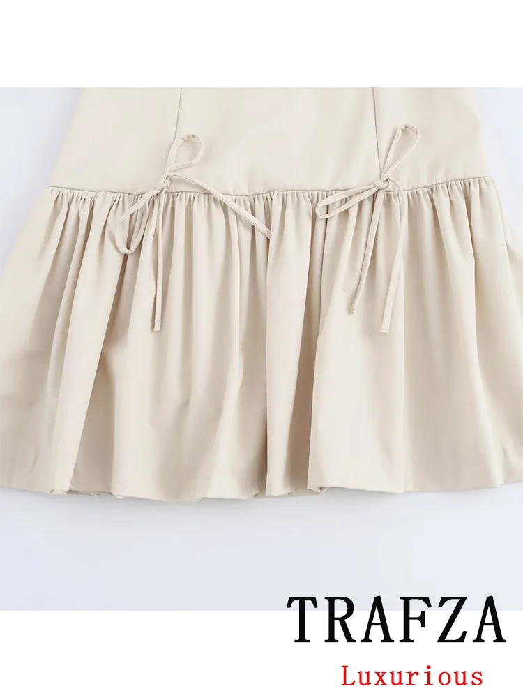 TRAFZA Vintage Casual Chic Solid Women Dress Bow O-Neck Sleeveless Ruffles Mini Dress New Fashion 2024 Autumn Dress