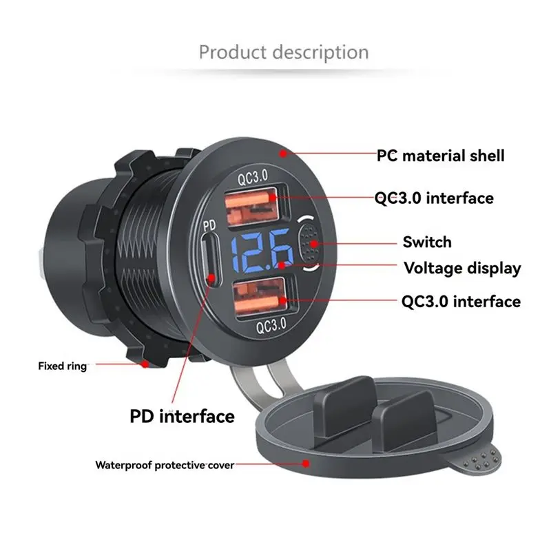 AB59-USB C Socket With Voltmeter Touch Switch Dual QC3.0& PD 3 Ports USB Outlet For Car For Car Boat Marine Truck RV - view 4