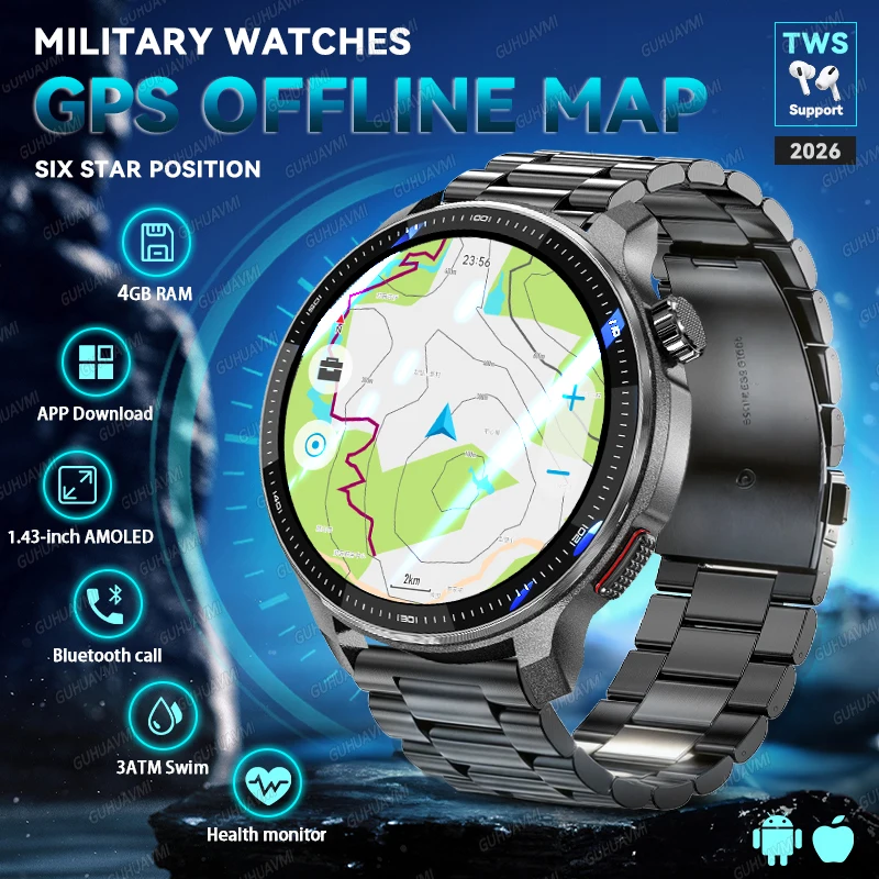 

2026New Men Smart Watch Built-in GPS Maps Bluetooth call 3ATM Swim MP3 MP4 Playback Altitude Compass Fitness Sports Smartwatches