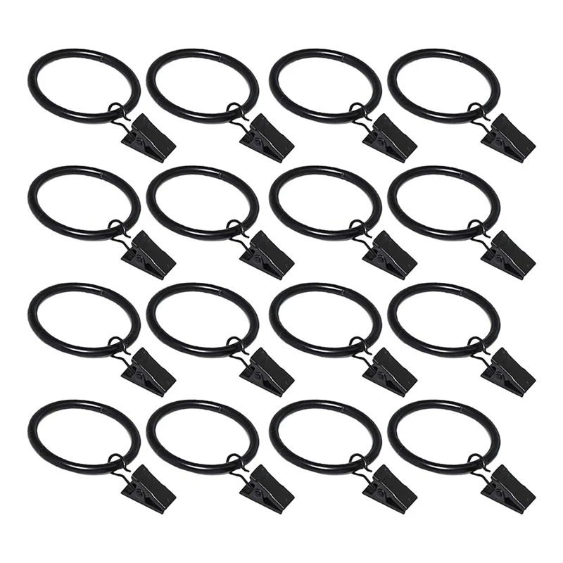 16 Pack Curtain Rings With Clips,Window Clip Rings Black Curtain Hooks Hangers Clip Rings For Hanging,1.26 Inch Diameter Durable