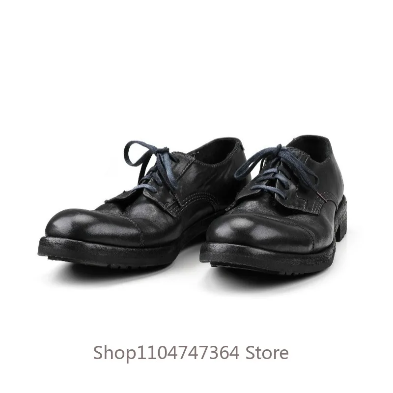 Retro Handmade Lace‑up Thick Sole Casual Genuine Leather Derby Shoes Men's Casual Dress Work Business Leather Shoes Male Black