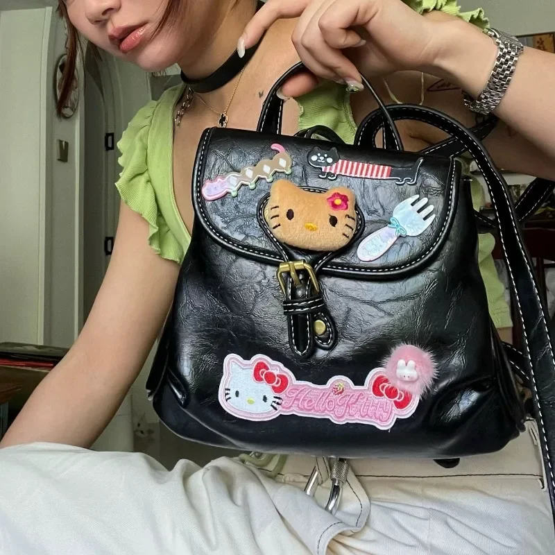 MBTI Hello Kitty Womens Backpack Vintage Patchwork Cartoon Embroidery Cute Backpacks Fashion Casual Pu leather Kawaii Ladies Bag