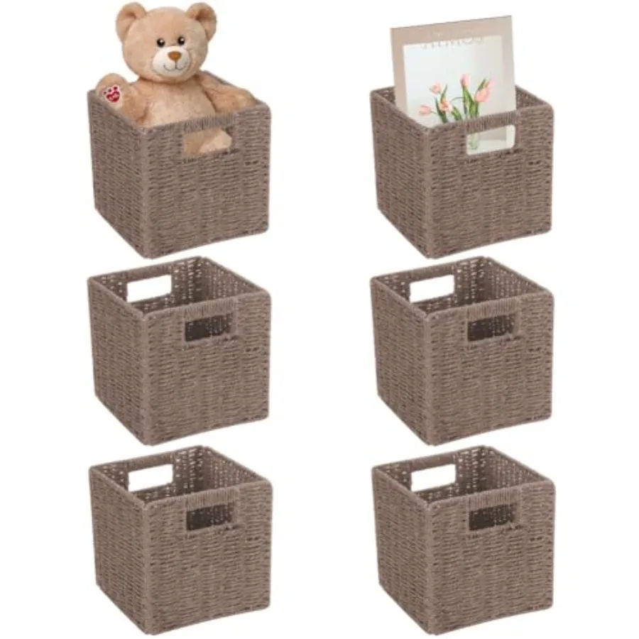 

6 Pack 8.7 Inch Wicker Baskets, Hand Woven Paper Rope Storage Baskets, Foldable Cube Storage Bins Organizer Square Wicker Cubes