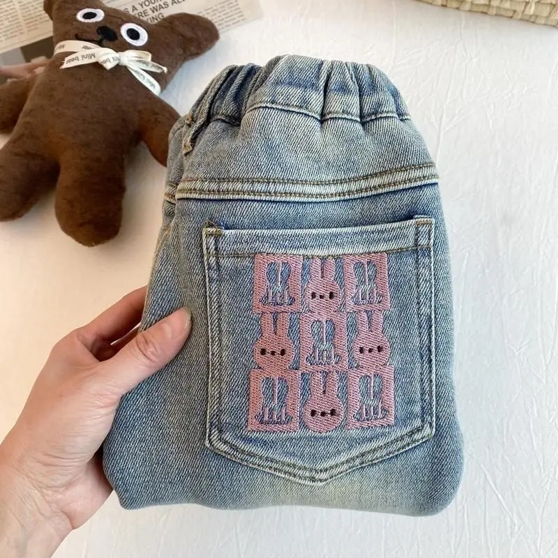 Kids Jeans Rabbit Embroidered Winter Fleece and Thickened Jeans for Girls Boys Pants Blue Jeans Girls Pants