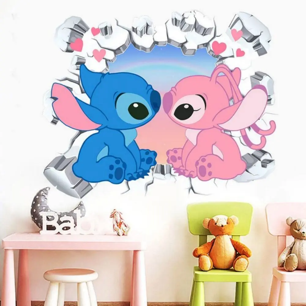 3D Broken Wall Lilo & Stitch Wall Stickers For Kid\'s Room Kindergarten Living Room Bedroom Wall Decoration Animated Poster