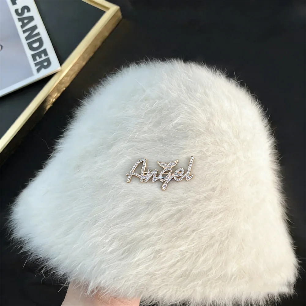 

Y2K Fluffy Faux Rabbit Fur Bucket Hat for Women Rhinestone Angel Letter Winter Warm Fisherman Cap Sweet Cool Streetwear