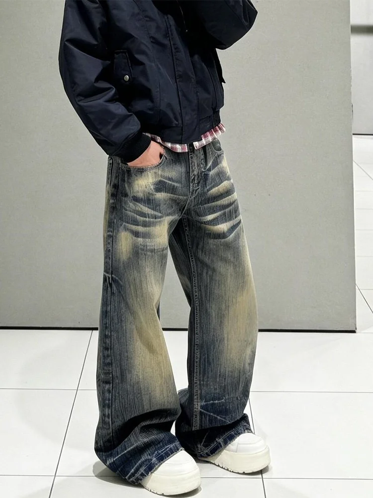 

Large Size American Washed Grab Pattern Wide Leg Jeans Women Vintage Loose Fit Jeans Casual High Waist Denim Pants