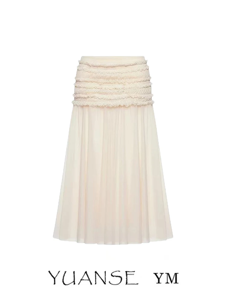 

YUANSE Summer Fashion Half Skirt Women's A-Line Midi Skirt with Lace Panel Slimming Draped Effect Transparent Long Skirt